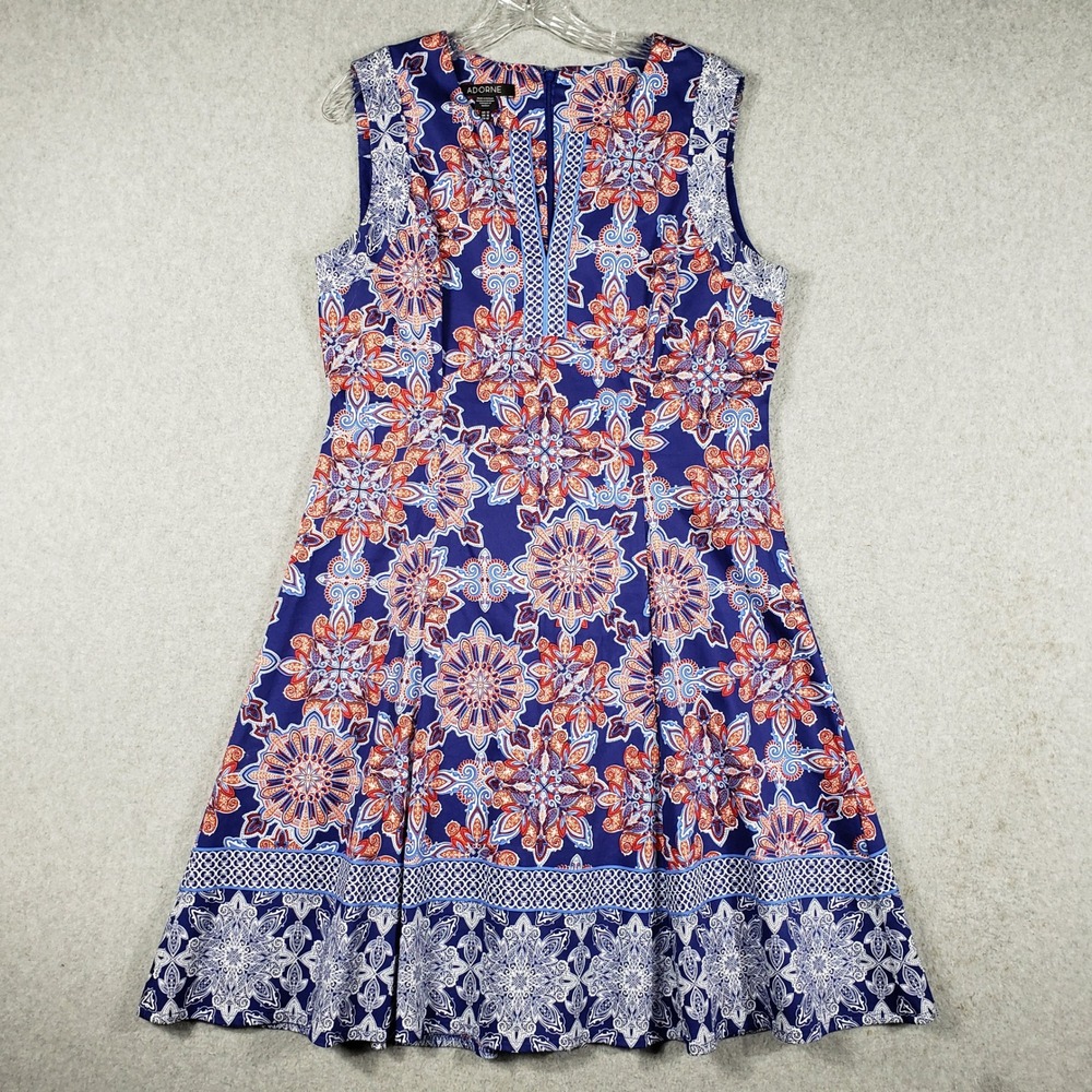 Adorne 12 Blue Medallion Fit Flare Dress Sleeveless Mandala Boho Summer Retro
